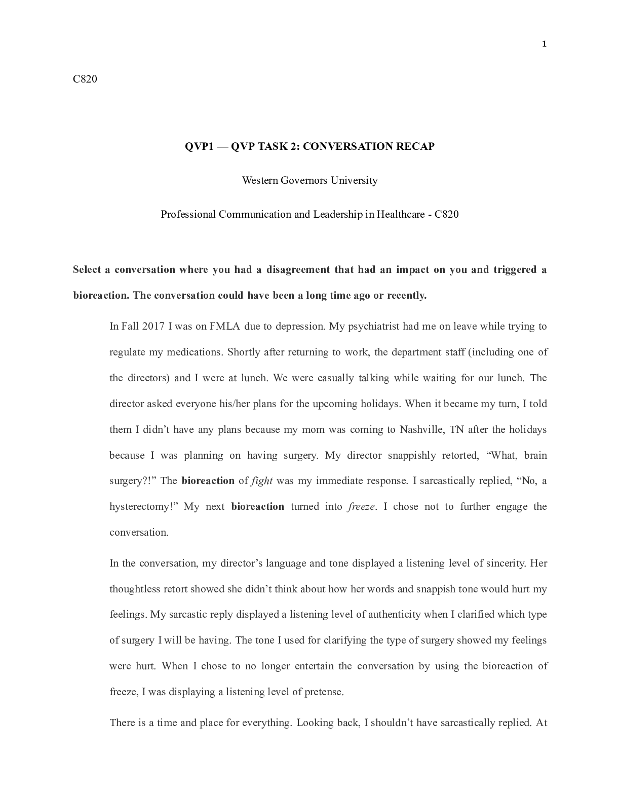 Preview of QVP1_Task_2.docx  C820  QVP1 â€” QVP TASK 2: CONVERSATION RECAP  Western Governors Univers